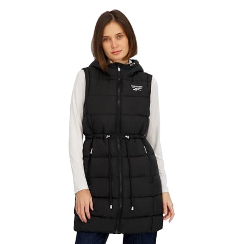 Reebok Womens Long Puffer Vest with Hood, Black, M