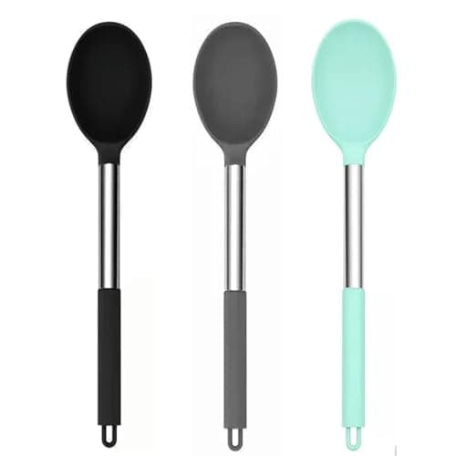Cyoufine Silicone Solid Cooking Spoon Set (13.2"), 3-Pack Large Stainless Steel Handle Non Stick Server Spoon Heat Resistant 600°F, Metal Basting Spoon, Kitchen Utensils for Mixing Serving