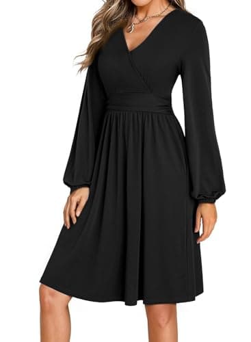 Dokotoo Womens Fall Dresses 2025 Wrap V-Neck Long Sleeve Empire Waist Pockets Casual Elegant Flowy Wedding Guest Little Black Dress Medium