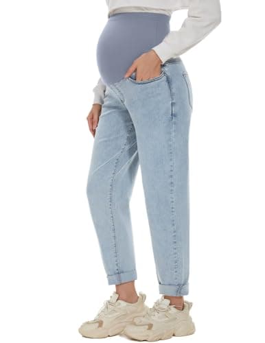 POSHGLAM Women's Maternity Jeans Over Belly Comfy Stretch Boyfriend Jeans Denim Pregnancy Pants(Light Blue, Medium)