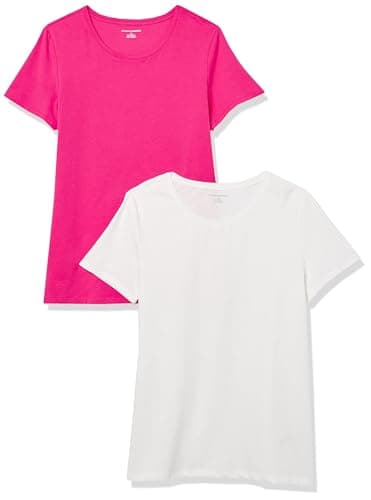 Amazon Essentials Women's Regular-Fit Short-Sleeve T-Shirt (Crewneck and V-Neck Options), Pack of 2, Bright Pink/White, Large