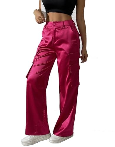 Women's Satin Cargo Wide Leg Pants Silky Party Dressy Casual Pocketed Pant Long Trouser Hot Pink