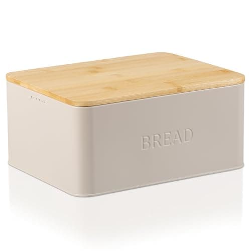 ZICOTO Beautiful Bread Box With Wooden Lid For Your Kitchen Countertop - Spacious Container Perfectly Stores Your Homemade Bread, English Muffins & Bagels - Quality Cutting Board Lid Keeps Loaf Fresh