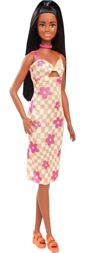 Barbie Fashionistas Doll #233 with Black Hair, Wearing Checkered Orange and Pink Flower Midi Dress with Necklace and Sandals