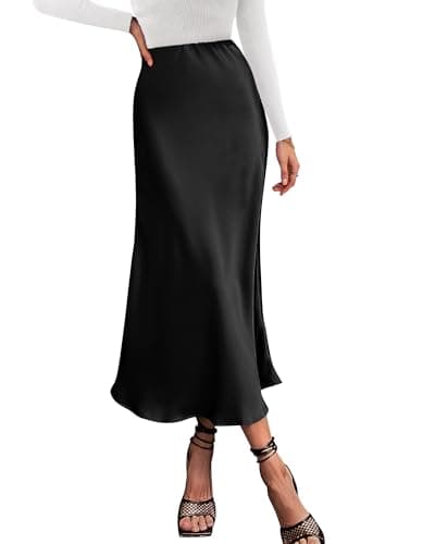 BTFBM 2025 Womens Summer Fall Long Satin Skirt Silk Elegant High Waist Cocktail Party Wedding Flowy A-Line Midi Skirts(Black, Small)
