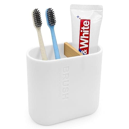 Toothbrush Holder with Bamboo Divider,Detachable for Easy Cleaning Multi-Functional Storage,2 Slots Electric Toothbrush and Toothpaste Organizer Caddy for Bathroom Vanity,Sink,Countertop (White)