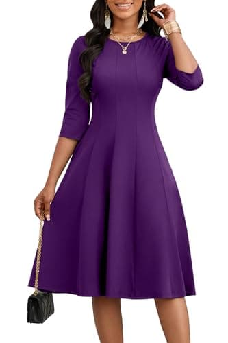 CLOCOR Casual Midi Dresses for Women A-Line Fit and Flare Elegant Evening Cocktail Church 3/4 Sleeve Dress with Pocket Purple
