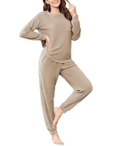 Ekouaer Womens Fuzzy Fleece Pajama Sets Long Sleeve Jogger Sets Comfy Sleepwear Loungewear with Pockets,Large,Khaki