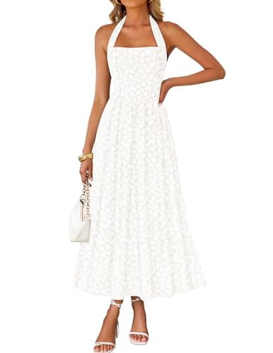 ZESICA Women's Summer Sleeveless Floral Maxi Dresses 2026 Halter Neck Wedding Guest Cocktail Party Flowy A Line Long Dress White Medium