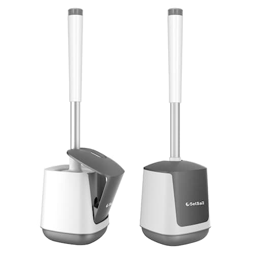 SetSail Toilet Brush and Holder 2 Pack, Self Closing Lid Toilet Bowl Brushes Holder and Extra Long Handle Ventilated Toilet Brush Set for Bathroom Cleaning, Nylon Bristles, White & Grey