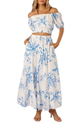 HUUSA Two Piece Outfits for Women Sexy Floral Off Shoulder Crop Top and Drawstring High Waisted A Line Boho Skirt Dress Set with Pockets Blue Floral S