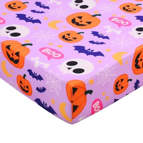 YHITBG Halloween Crib Sheets, Baby Fitted Crib Sheet with Pumpkins, Skeletons, Bats, Measuring 52" x 28" to fit Standard Crib and Toddler Mattresses, Purple