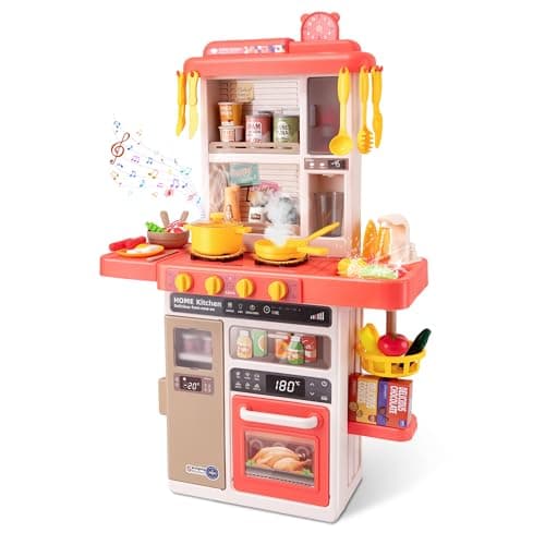 Kids Kitchen Play Set，Interactive Kids Kitchen Play Set with 50Pcs of Pretend Kitchen Toys，Realistic Sound Effects，and Simulated Functionality - Suitable for Toddlers Aged 3-5 Years(Pink)
