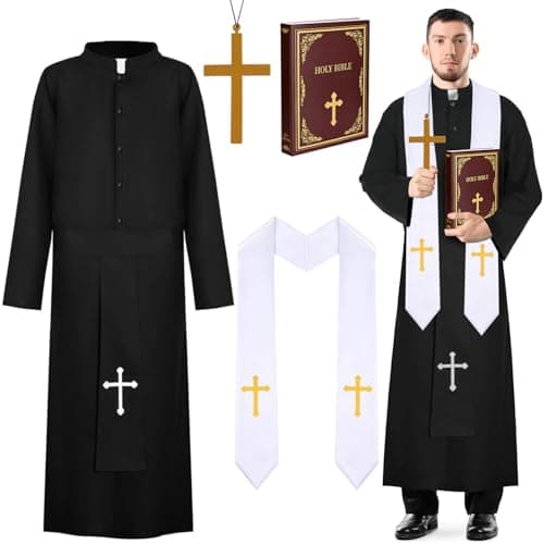 Kuscul 4Pack Priest Costume Outfit for Adult White Stole Black Robe for Halloween Christmas Clergy Cosplay Party Supplies (L)