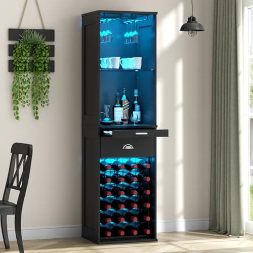 Loomie Wine Bar Cabinet with LED Lights, 65'' Tall Coffee Bar Cabinet with 24 Wine Rack & Glass Holder,Kitchen Storage Cabinet with Tray & Drawer & Adjustable Shelf,Freestanding Liquor Cabinet (Black)