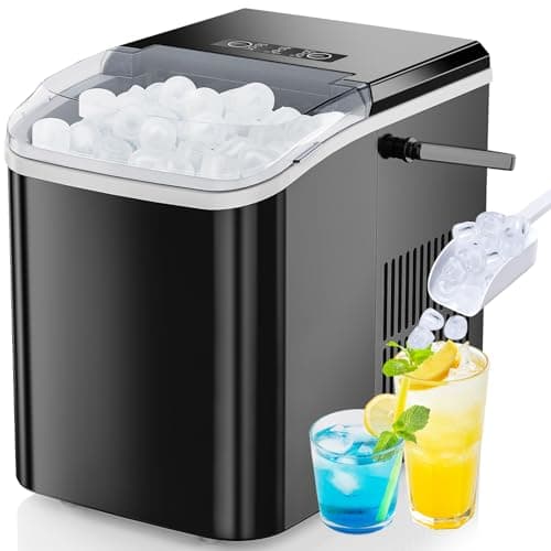 DUMOS Countertop Ice Maker with Handle, 26lbs/24H Portable Ice Machine, 9 Bullet Cubes Ready in 6 Mins, Self-Cleaning, Quiet Compact for Home, Kitchen, RV, Camping, Bright Black