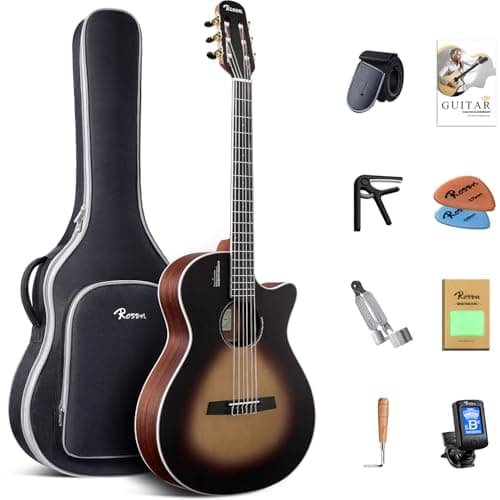 Rosen V1 Hybrid Acoustic Guitar for Beginners Adults Patented Body with Solid Spruce Top & Soft Touch Strings Thin Neck & Open Pore Matte 40 Inch,Black