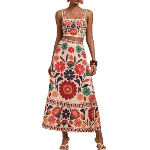 REASERAL Womens Printed Skirt Outfits Floral Halter Crop Top A Line Maxi Skirt Casual Going Out Sets Red Green