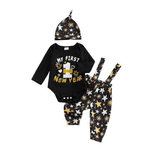Newborn Baby Boy New Years Outfits Infant First Letter Romper Cute Suspender Pants Overalls Outfits 3Pcs Clothes (New Year-Black, 6-9 Months)