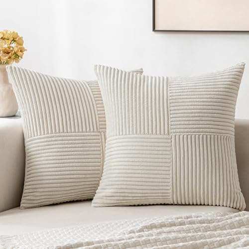 MIULEE Beige Corduroy Pillow Covers Pack of 2 Boho Decorative Spliced Throw Pillow Covers Soft Solid Couch Pillowcases Cross Patchwork Textured Cushion Covers for Living Room Bed Sofa 18x18 inch