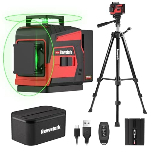 Revvstark Laser Level with Tripod, 2x360° Green Line Laser Tool with Self-Leveling & Manuel Models, Remote/Touch Control, Rechargeable Battery for Picture Hanging, Tile, Home Renovation (Bag Included)