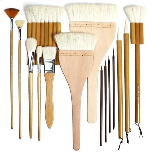 GACDR Pottery Brushes for Glazing, 15 Pcs Ceramic Brush Set With Storage Box, Wool Bamboon Hake for Pottery, Acrylic, Watercolor
