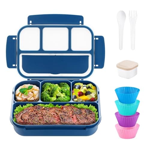 QQKO 4-Compartment Bento Box for Adults - 1200 ML Leak-Proof Food Container With Muffin Cups, Utensils, Sauce Jar - Microwave & Dishwasher Safe