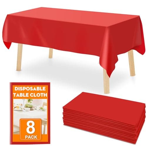 RowinsyDD 8 Pack Red Plastic Table Cloths Disposable，54 x 108 Inches Plastic Table Cover for Rectangle Tables，Disposable Tablecloth for Dinning，Parties，BBQ，Wedding，Outdoor