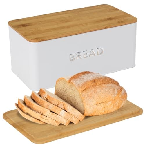 Culinary Couture White Bread Box for Kitchen Countertop with Bamboo Lid - Large Airtight BreadBox for Homemade Bread - Storage BreadBox with Cutting Board Lid