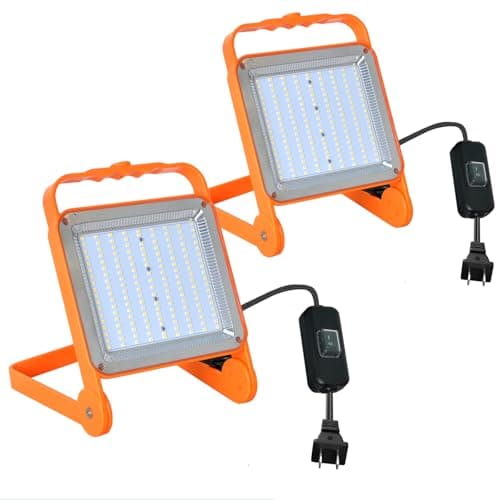 2-Pack 50W Super Bright LED Work Light - 8,000LM (500W Equivalent), IP65 Waterproof, 10ft Heavy Duty Cord, 5000K Daylight, Adjustable Flood Lights for Workshop, Garage, Construction Site