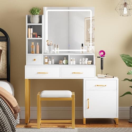 YITAHOME 43" Vanity Desk with Mirror and Lights, Makeup Vanity Set with Power Outlet, Makeup Table with 3 Lighting Modes Brightness Adjustable, Drawers, Cabinet, Storage Stool,for Bedroom, Pearl White