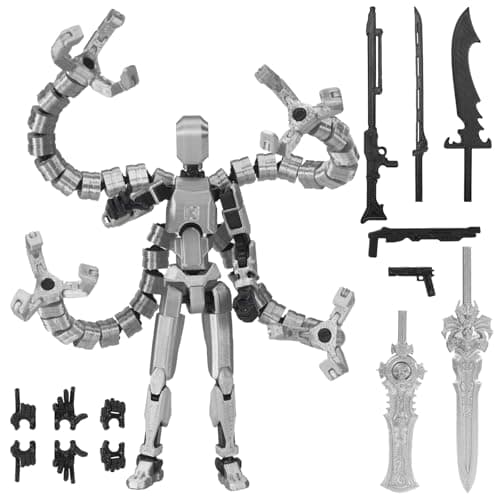T13 Figure Set & Titan 13 Toys（3d Printed Action Figures Assembly Completed）（Multi-Jointed Movable）（Octopus Man Designs Includes Various Accessories）Dummy T 13 Figures Desk Decoration (Silvery)