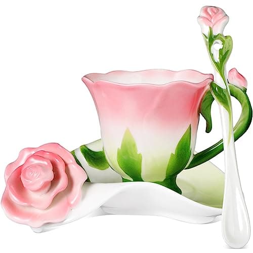 Dandat Ceramic Rose Tea Cups and Saucers with Spoon Flower Shaped Tea Cup and Sauce Set Cute Tea Cups Flower Mug Mother's Day Valentine's Day Birthday Mug Gifts for Home Office Kitchen, 6 oz (Pink)