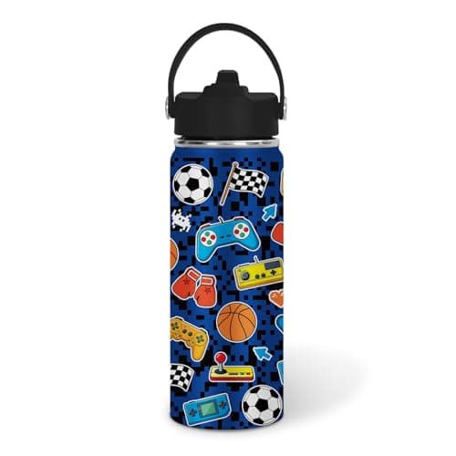 Gamer Water Bottle for Kids Boys 18 oz Kids Insulated Water Bottle with Straw, Back to School Gifts Gaming Cup for Teen Boys Christmas Birthday Stainless Steel Leak Proof Soccer Gamer Sport Waters Cup