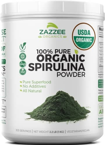 Zazzee Organic Spirulina Powder, 2.2 Pounds (1 KG), USDA Certified, 303 Servings, 100% Pure, Non-Irradiated, Mess-Free Wide Mouth Container, Fresh Smell and Neutral Taste, Vegan, Non-GMO, Gluten-Free