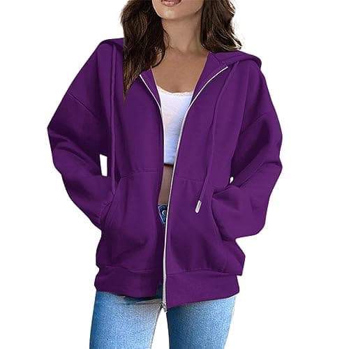 EKIYVO Zip Up Hoodie for Women - Long Sleeve Cotton Plus Size Jacket With Hood, Soft Lightweight Solid Color Sweatshirt, Purple, Large