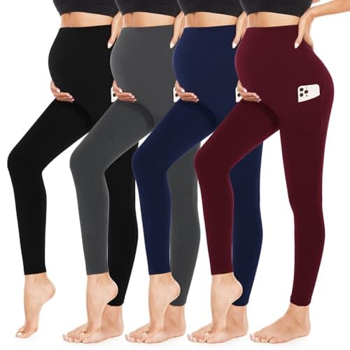 4 Pack Women’s Maternity Leggings with Pockets Over The Belly Butt Lift - Soft Workout Pregnancy Yoga Pants