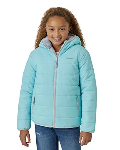 Eddie Bauer Girls' Reversible Jacket - Deer Harbor Waterproof Lightweight Puffer Coat with Faux Shearling Lining (5-20), Size 14-16, Aqua