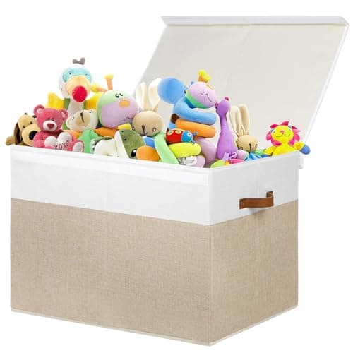 Gowee Large Toy Storage Box with Lid, Sturdy Toys Storage Chest Bin Organizer Basket with Dividers for Kids, Boys, Girls, Nursery, Closet, Bedroom, Playroom 26"x17" x17" (Beige and White)