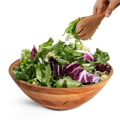 Luxe Designs Wooden Salad Bowl Set - Food Safe & Sustainable Decorative Bowl - Wood Bowl for Fruits, & Salads - Easy to Clean Large Salad Bowls Set w/Spoon, Fork – Wooden Bowls for Food (Natural)