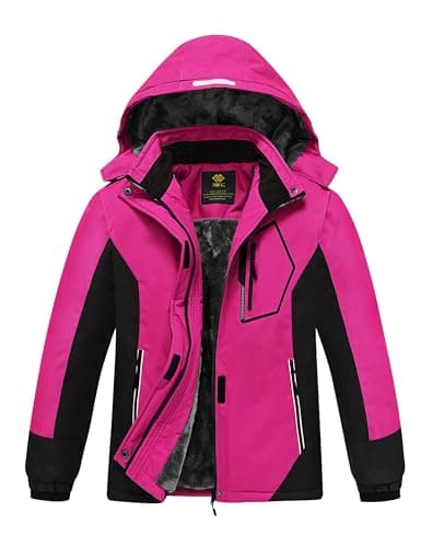 MoFiz Girls Ski Jacket Waterproof Fleece Lined Snowboard Jacket Warm Winter Coats with Removable Hood Rose Red L