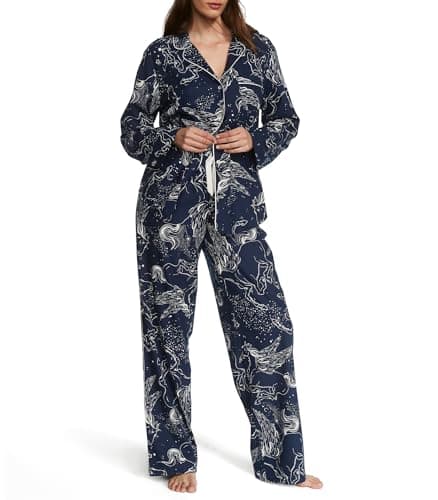 Victoria's Secret Flannel Pajama Set, Long Sleeve Button Down & Pants Set, Sleepwear for Women, Noir Navy Pegasus (XS)