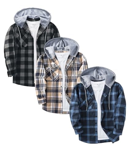 ZITY 3 Pack Men's Flannel Hoodie Shirts Long Sleeve Casual Vintage Button Down Plaid Shirt Jacket with Pocket Deepbluebeige Navy White X-Large