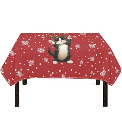 Cugasmaru Xmas Tableclothes Cat Snowflake Square Tablecloth 52x52 Inch Small Tablecloth Washable Polyester Table Cloth for Square or Round