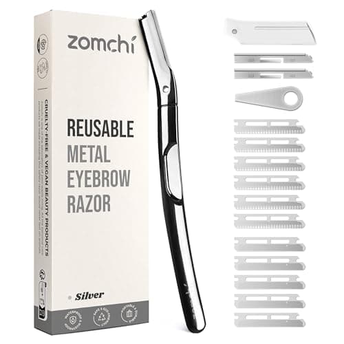 ZOMCHI Eyebrow Razor and Face Razor for Women and Men, Reusable Metal Handle with 11 Refill Blades, Dermaplane Razor with Protective Silicone Cap, Eyebrow Hair Trimmer - Polished Silver