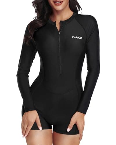 Daci Women Long Sleeve Rash Guard One Piece Boyleg Swimsuit Zipper Surfing Bathing Suit UPF 50+ Black M