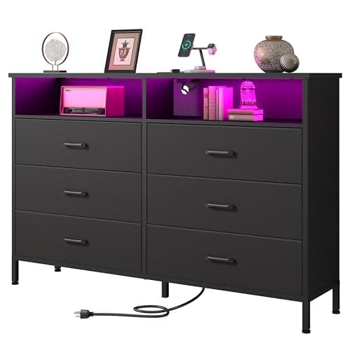 Dresser for bedroom, Fabric Black Bedroom Dresser with LED Lights and Charging Station, 6 Long Drawers Dresser, Tall Wide Chest of Drawers Storage Organizer TV Stand for up to 60" TV for Living Room