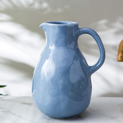 Kimdio Blue Ceramic Vase with Handle, Modern Pitcher Vase for Home Decor, Nordic Pottery Vase, Decorative Flower Vase, Clay Vase, Centerpieces for Living Room