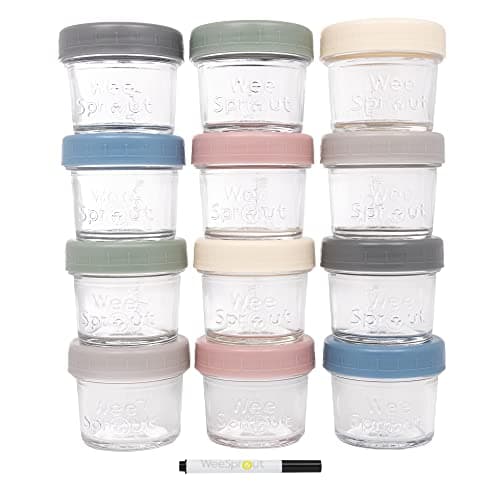 WeeSprout Glass Baby Food Storage Jars w/Lids (4 oz, 12 Pack Set) Snack, Puree, Reusable Small Containers, Breast Milk, Fridge or Freezer, Microwave & Dishwasher Safe, Essential Must Have for Infants