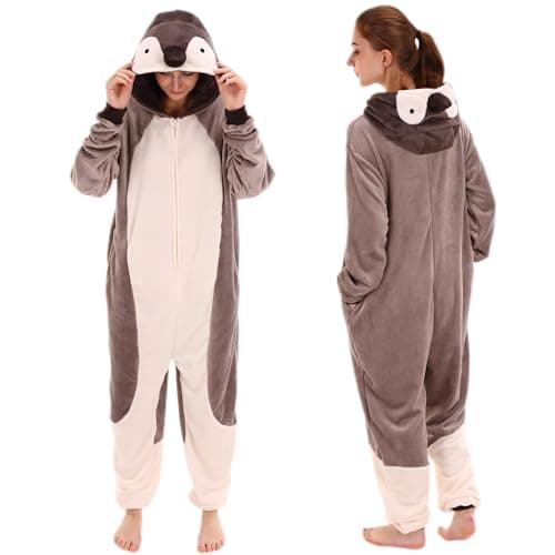 COSUSKET Snug Fit Unisex Adult Onesie Pajamas, Flannel Penguin Cosplay Animal One Piece Halloween Costume Sleepwear Homewear